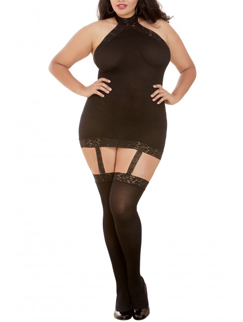 Grossiste Dreamgirl Bodystocking noir grande taille effet guêpière avec dentelle