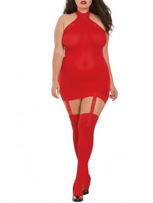 Fournisseur lingerie Bodystocking rouge grande taille effet guêpière avec dentelle