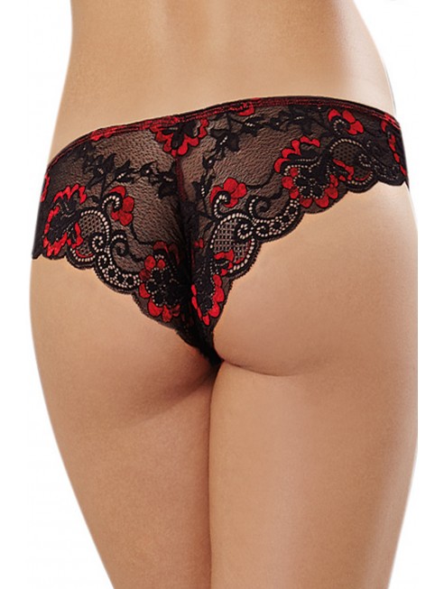 Grossiste lingerie Tanga uni rouge et dentelle noire