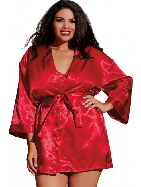 Fournisseur lingerie Nuisette grande taille rouge avec peignoir satinés