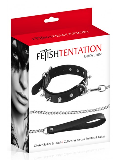 Fournisseur Fetish Tentation Collier fétichiste avec anneaux pointes et laisse métallique