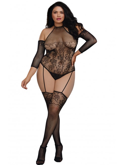 Grossiste dropshipping Bodystocking grande taille résille effet bas jarretelles