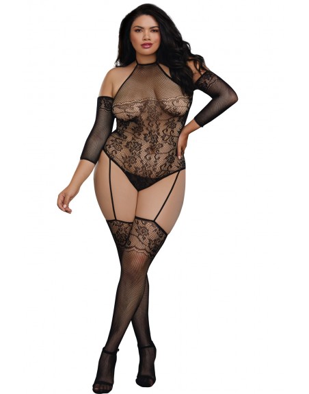 Grossiste dropshipping Bodystocking grande taille résille effet bas jarretelles