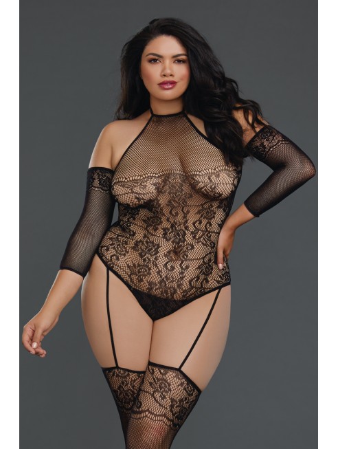 Grossiste dropshipping Bodystocking grande taille résille effet bas jarretelles