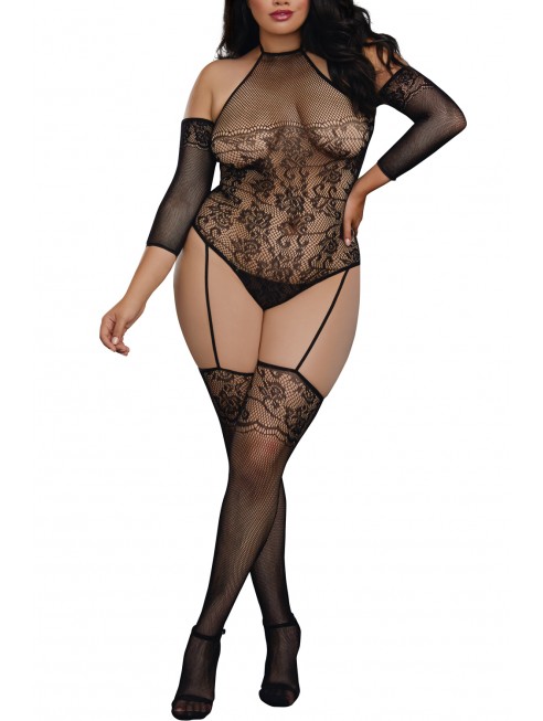 Grossiste dropshipping Bodystocking grande taille résille effet bas jarretelles