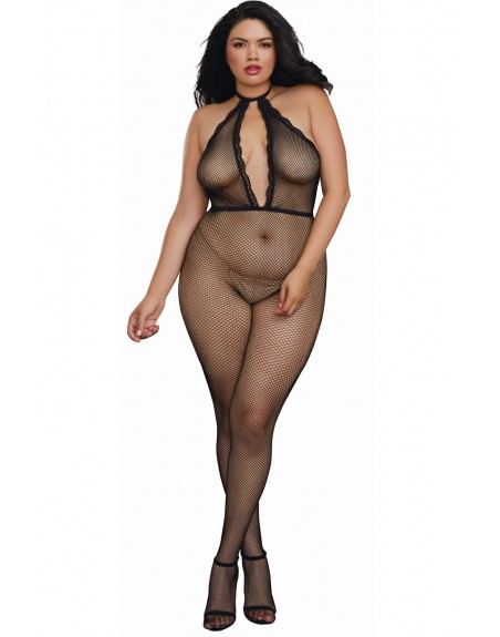 Bodystocking résille grande taille à encolure plongeante