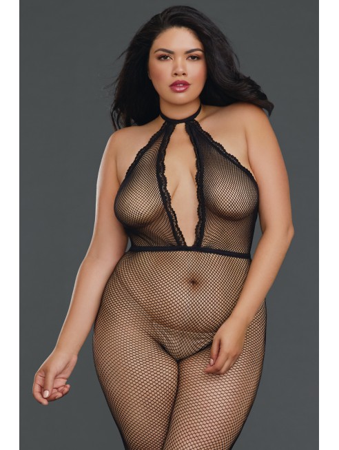 Bodystocking résille grande taille à encolure plongeante