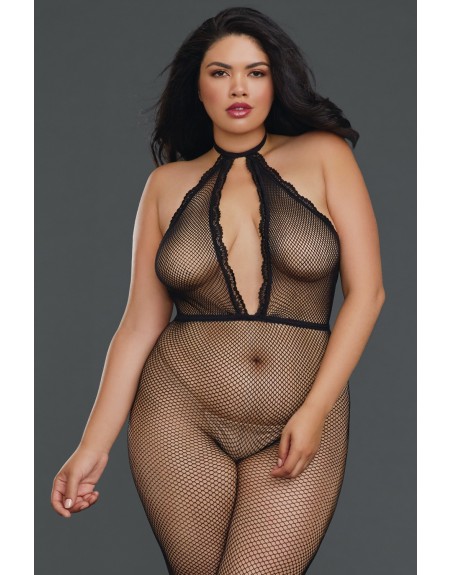 Bodystocking résille grande taille à encolure plongeante