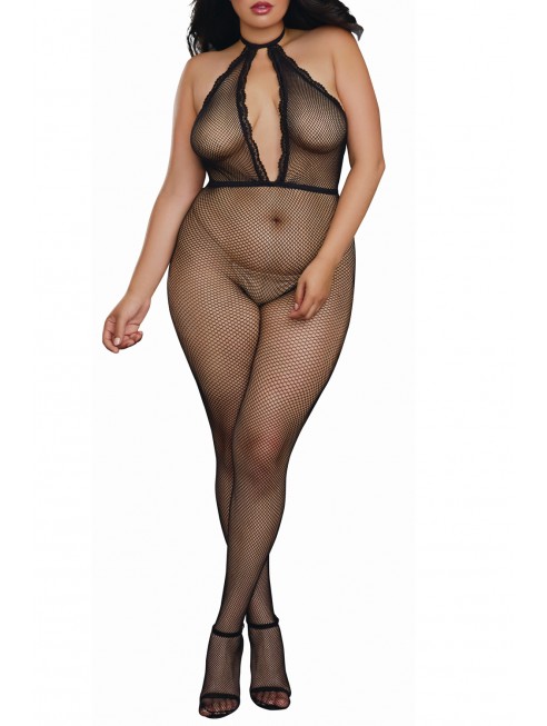 Bodystocking résille grande taille à encolure plongeante