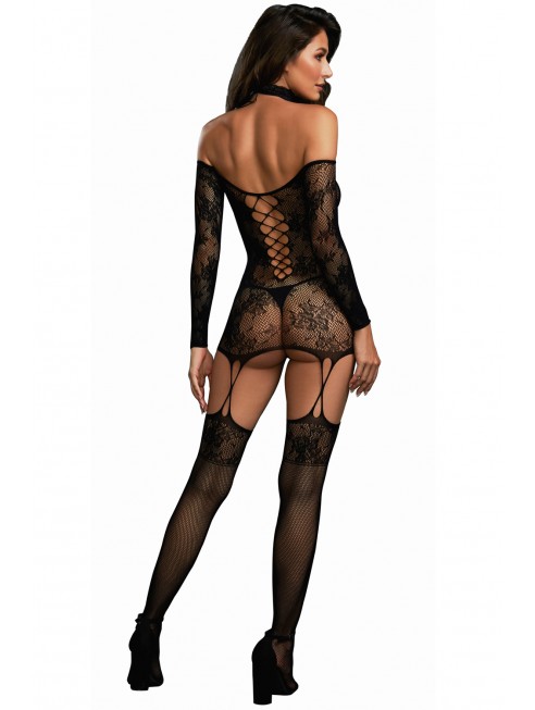 Fournisseur lingerie Bodystocking résille guêpière réversible avec tour de cou