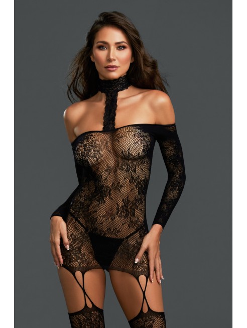 Fournisseur lingerie Bodystocking résille guêpière réversible avec tour de cou