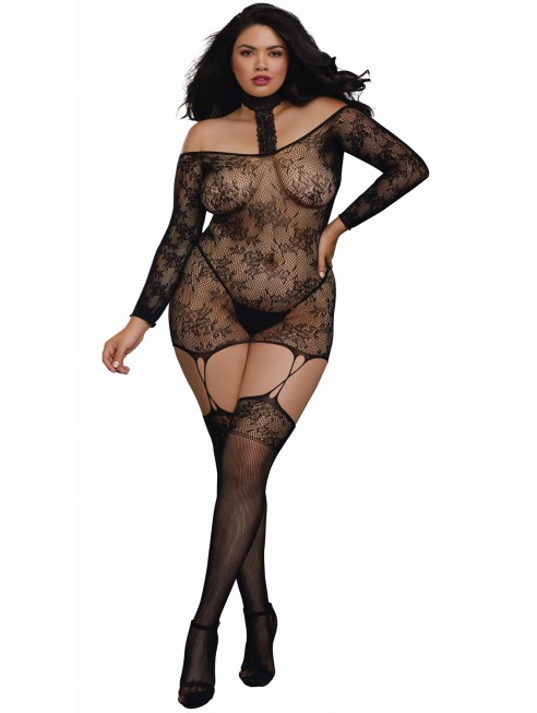 Fournisseur lingerie Bodystocking résille guêpière grande taille réversible avec tour de cou