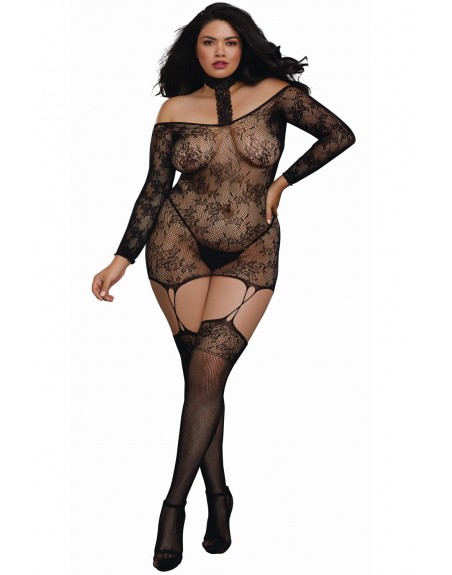 Fournisseur lingerie Bodystocking résille guêpière grande taille réversible avec tour de cou