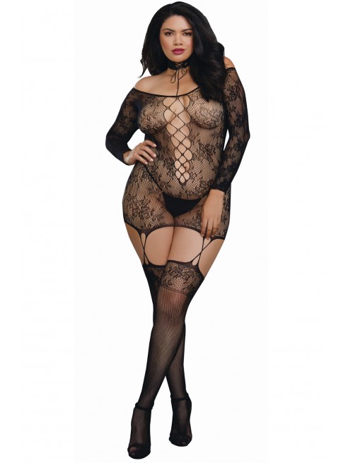 Fournisseur lingerie Bodystocking résille guêpière grande taille réversible avec tour de cou