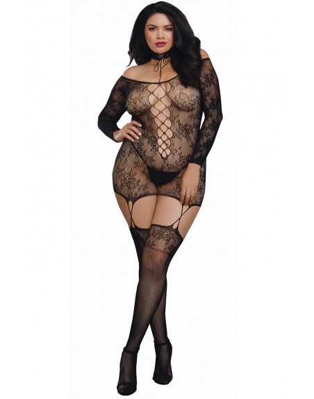 Fournisseur lingerie Bodystocking résille guêpière grande taille réversible avec tour de cou