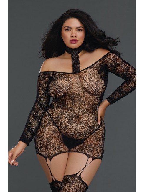 Fournisseur lingerie Bodystocking résille guêpière grande taille réversible avec tour de cou