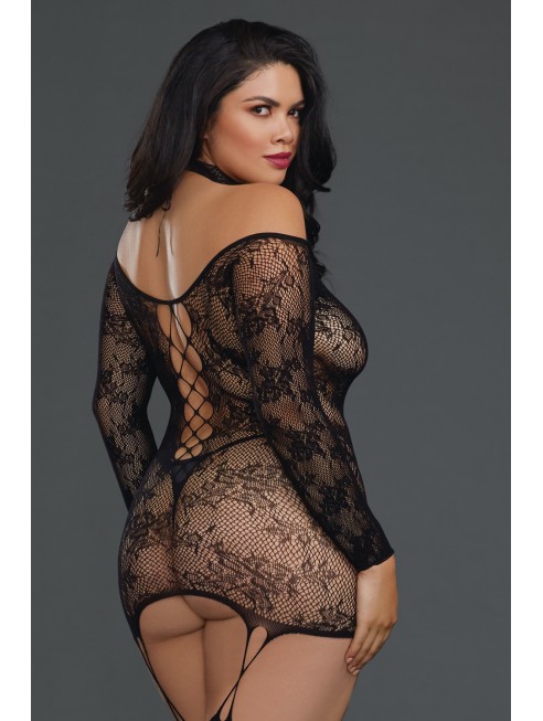 Fournisseur lingerie Bodystocking résille guêpière grande taille réversible avec tour de cou