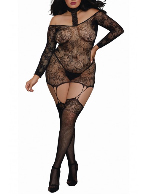 Fournisseur lingerie Bodystocking résille guêpière grande taille réversible avec tour de cou