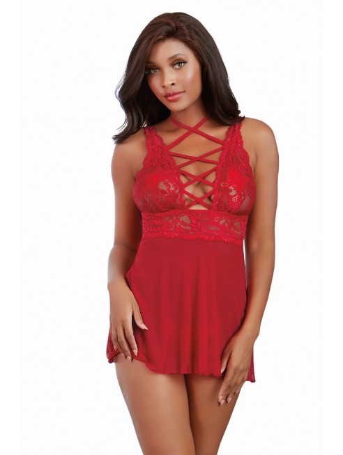 Nuisette rouge avec ornements et culotte assortie