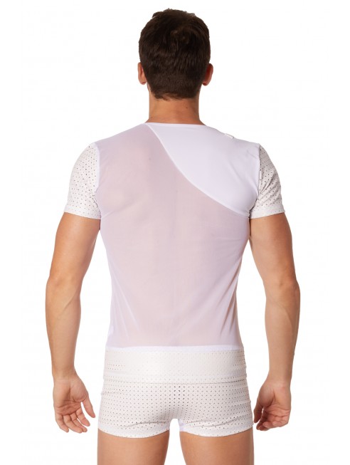 Grossiste dropshipping lingerie homme T-shirt blanc maille et brillance ajourée