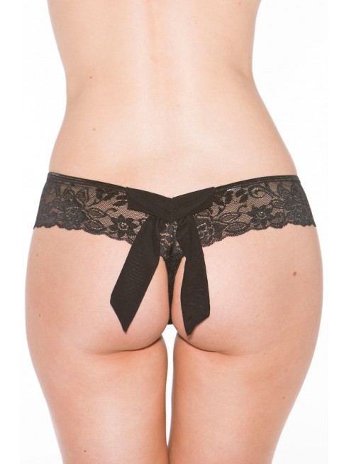 Tanga string noire en dentelle avec noeud arrière