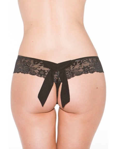 Tanga string noire en dentelle avec noeud arrière