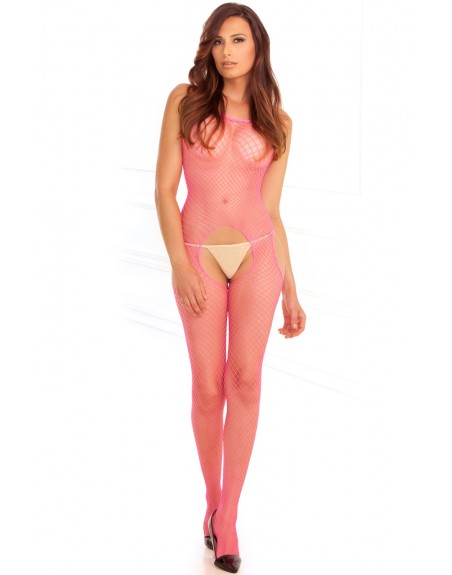 Bodystocking rose filet ouvert devant et derrière