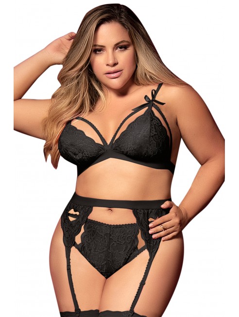 Ensemble 3 pièces noir grande taille  soutien-gorge string porte-jarretelles