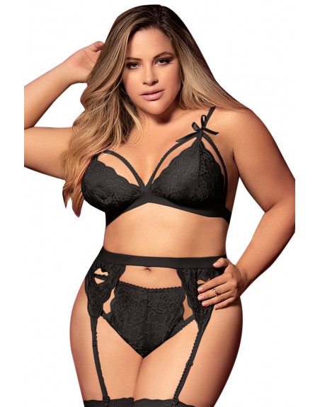 Ensemble 3 pièces noir grande taille  soutien-gorge string porte-jarretelles