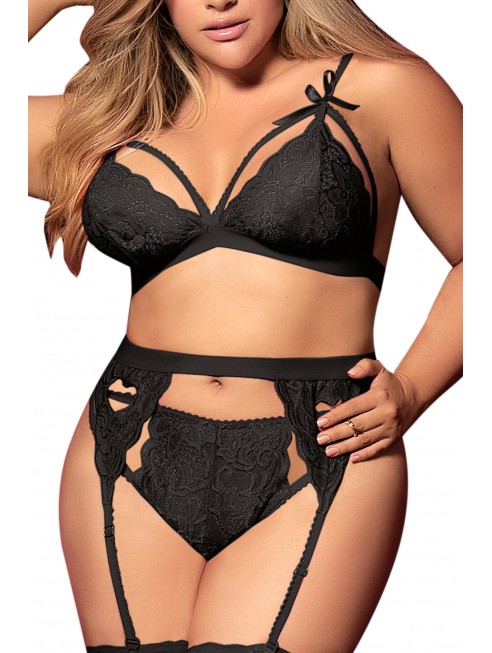 Ensemble 3 pièces noir grande taille  soutien-gorge string porte-jarretelles