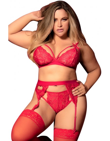 Ensemble 3 pièces rouge grande taille  soutien-gorge string porte-jarretelles