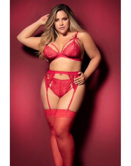 Ensemble 3 pièces rouge grande taille  soutien-gorge string porte-jarretelles