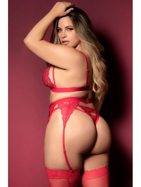 Ensemble 3 pièces rouge grande taille  soutien-gorge string porte-jarretelles