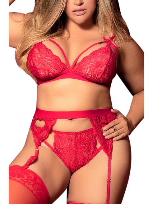 Ensemble 3 pièces rouge grande taille  soutien-gorge string porte-jarretelles