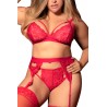 Ensemble 3 pièces rouge grande taille  soutien-gorge string porte-jarretelles