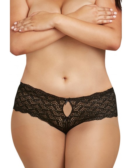 Shorty noir grande taille de dentelle ouvert et ajouré sur les fesses forme coeur