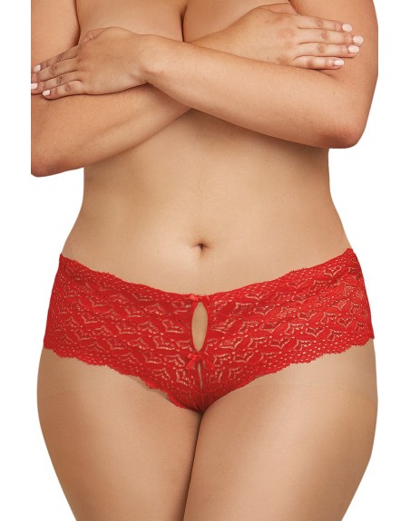 Shorty rouge grande taille de dentelle ouvert et ajouré sur les fesses forme coeur