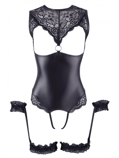 Body en dentelle et simili cuir ouvert avec menottes -  OR2642239BLK