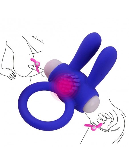 Anneau vibrant silicone bleu avec oreilles de lapin - COR-003BLU