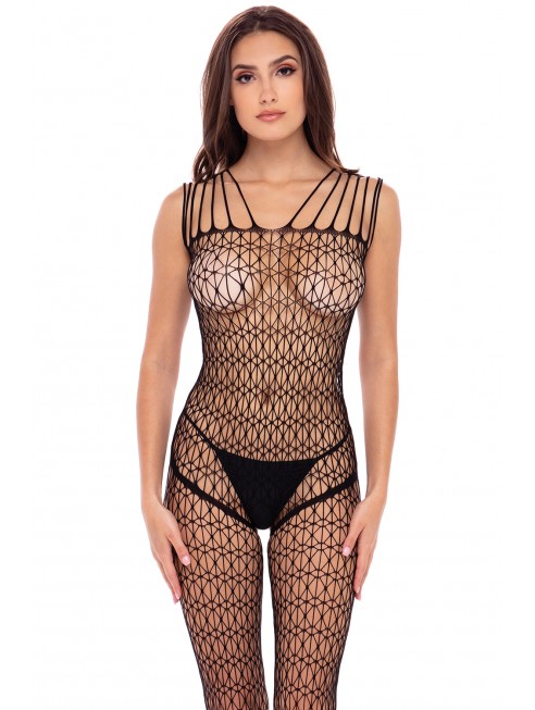 Bodystocking large maille ouvert à l'entrejambe - REN7095-BLK