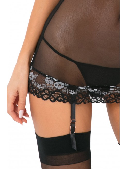 Fournisseur dropshipping Nuisette jarretelles noire maille transparente avec broderie florale et armatures poitrine