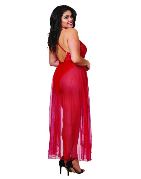 Body string rouge grande taille échancré dentelle avec jupe de maille transparente amovible - DG10996XRED