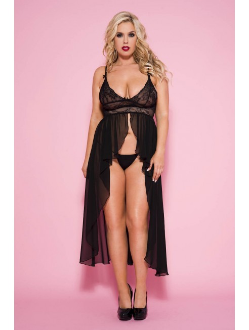 Nuisette longue noire transparente grande taille - ML53019XBLK