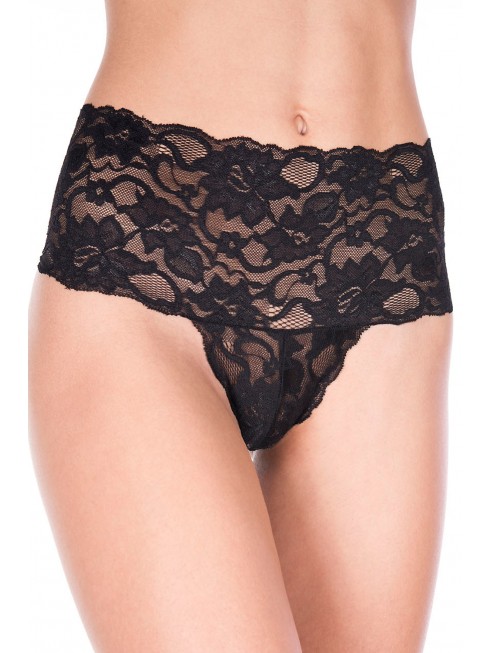 Grossiste lingerie Tanga string noir taille haute large bande de dentelle florale