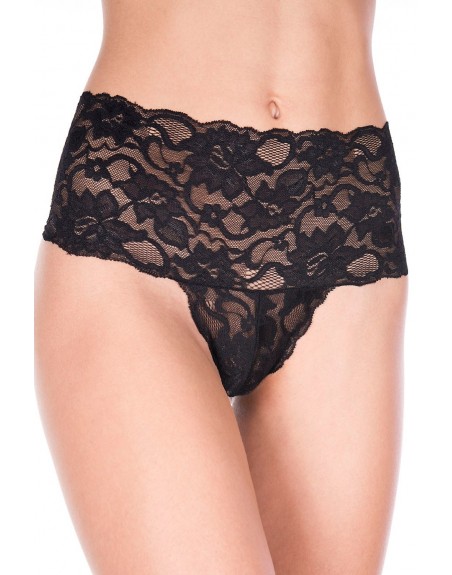 Grossiste lingerie Tanga string noir taille haute large bande de dentelle florale