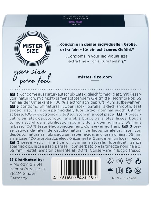 Boite de 3 préservatifs latex avec réservoir, 7 tailles disponibles, Mister Size - MS03