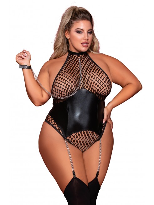 Body grande taille large résille et porte jarretelle simili cuir avec chainettes - DG12495XBLKCatalogue  Produits