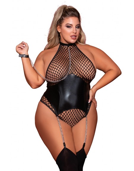 Body grande taille large résille et porte jarretelle simili cuir avec chainettes - DG12495XBLKCatalogue  Produits