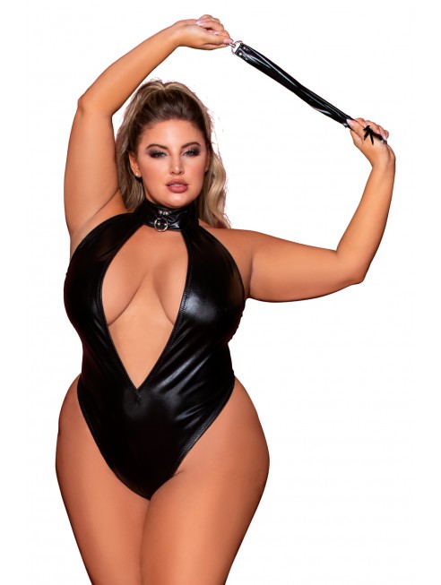 Body en simili cuir grande taille, extensible avec col clouté et fouet - DG12450XBLK