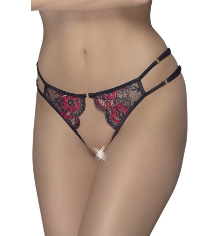 Culotte ouverte en fine dentelle florale rouge et noire - R23221451101